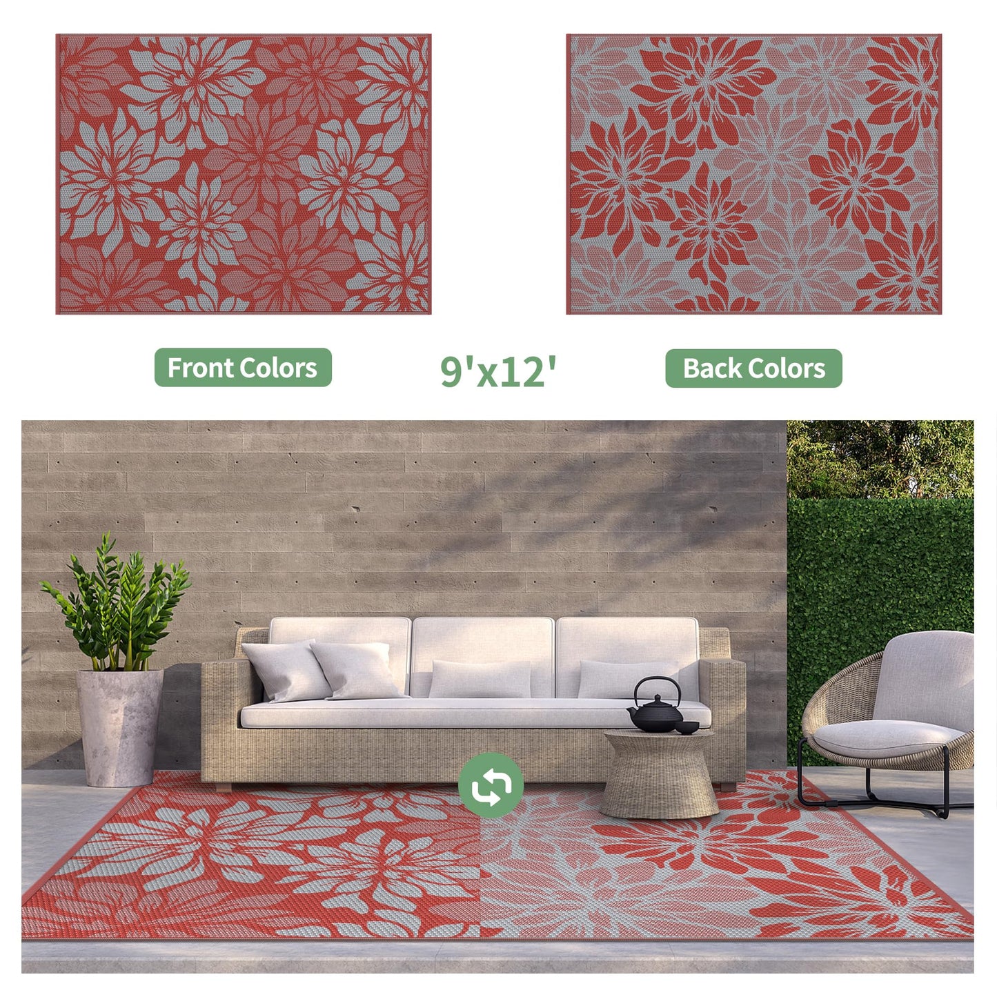 GENIMO Outdoor Rug Waterproof for Patio Decor, 9' x 12' Reversible Plastic Straw Floral Camping Carpet, Large Area Rugs Mats for RV, Camper, Deck, Balcony, Porch, Beach, Picnic, Red & Grey