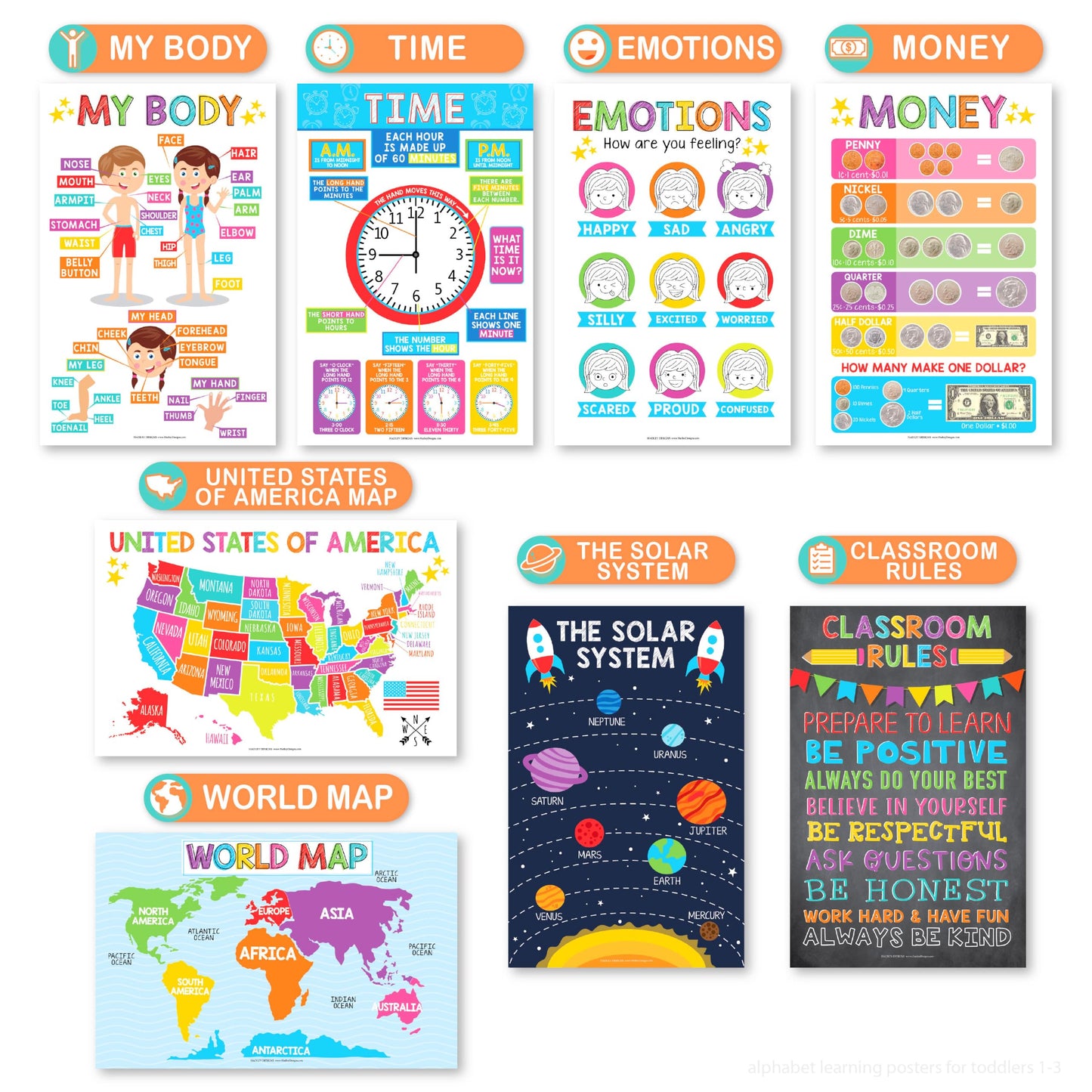Hadley Designs 16 Educational Posters for Classroom Must Haves - Laminated Pre-K Posters for Toddler Homeschool Essentials, Toddler & Preschool Learning Activities, Kindergarten Classroom Decor