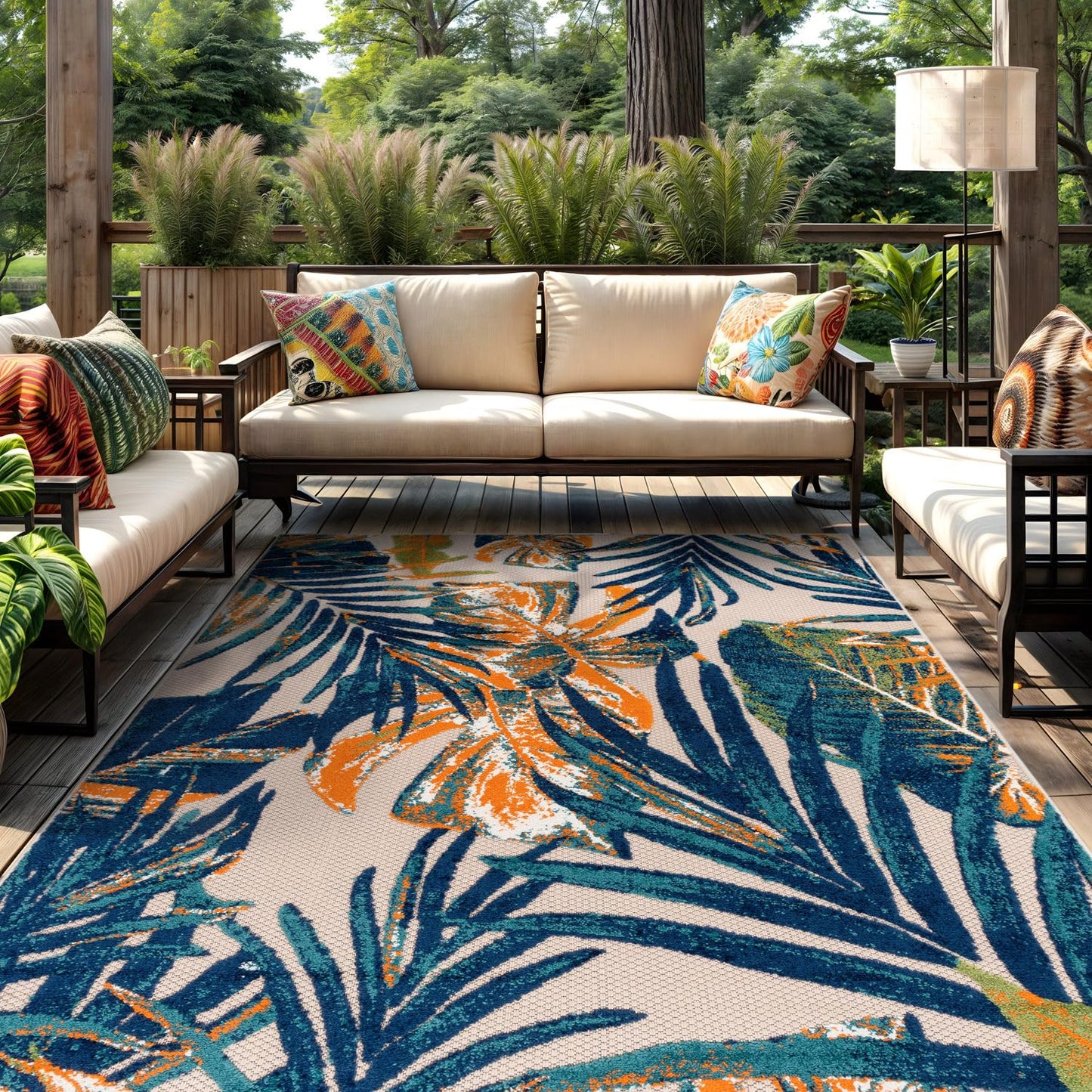 Rugshop Tropical Floral Leaves Indoor/Outdoor Area Rug Durable Polypropylene, Non-Shedding, Easy to Clean, Perfect for Patio, Backyard, Deck and Outdoor Lounge, High Traffic Areas, 5' x 7'