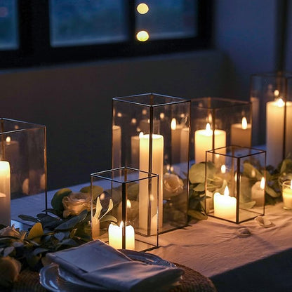 Set of 3 Square Glass Hurricane Candle Holders, Clear Glass Framed in Black-Finish Brass, Great for Home Decor and Wedding,Holiday Decor.