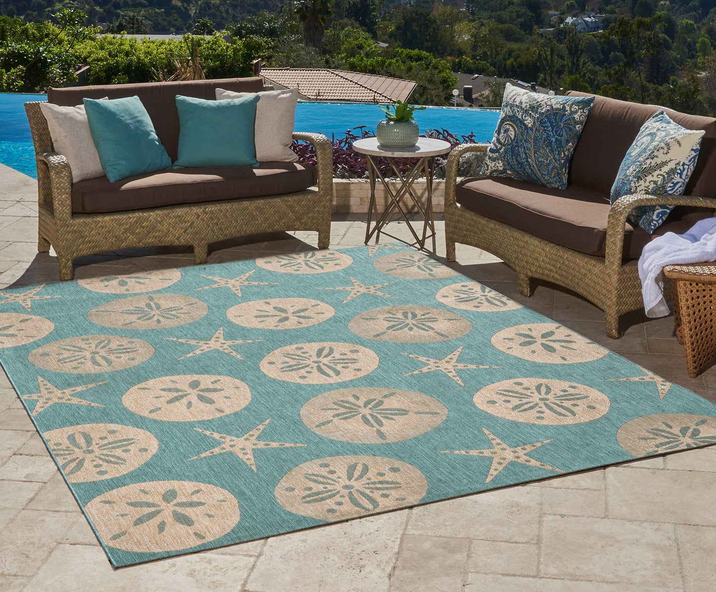 Gertmenian Indoor Outdoor Area Rug, Classic Flatweave, Washable, Stain & UV Resistant Carpet, Deck, Patio, Poolside & Mudroom, 6x9 Ft Medium, Sand Dollar Starfish, Oasis Green