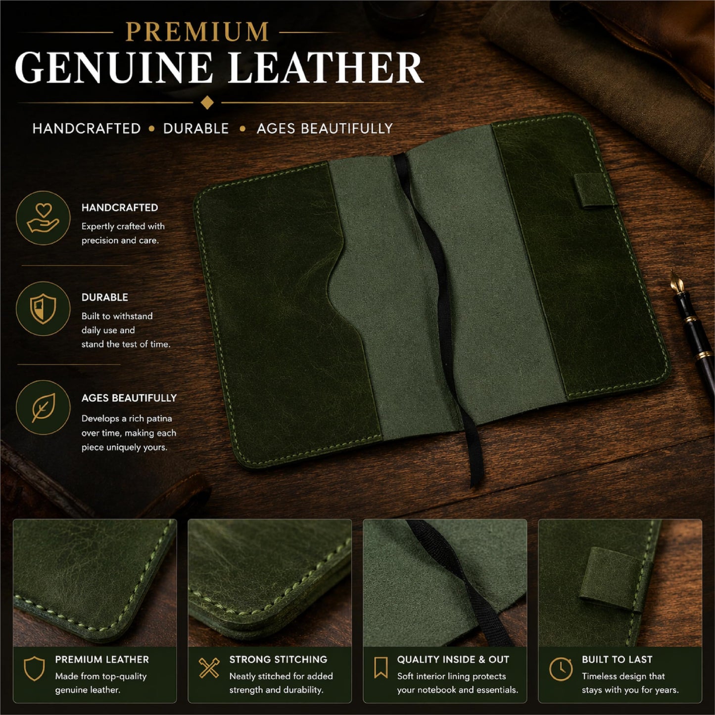 TheAntiq Leather Journal Cover XL – Handmade Refillable Notebook Holder with Pen Loop, Writing Organizer for Office, Travel & Professional Use 7.5 x 9.8- Green