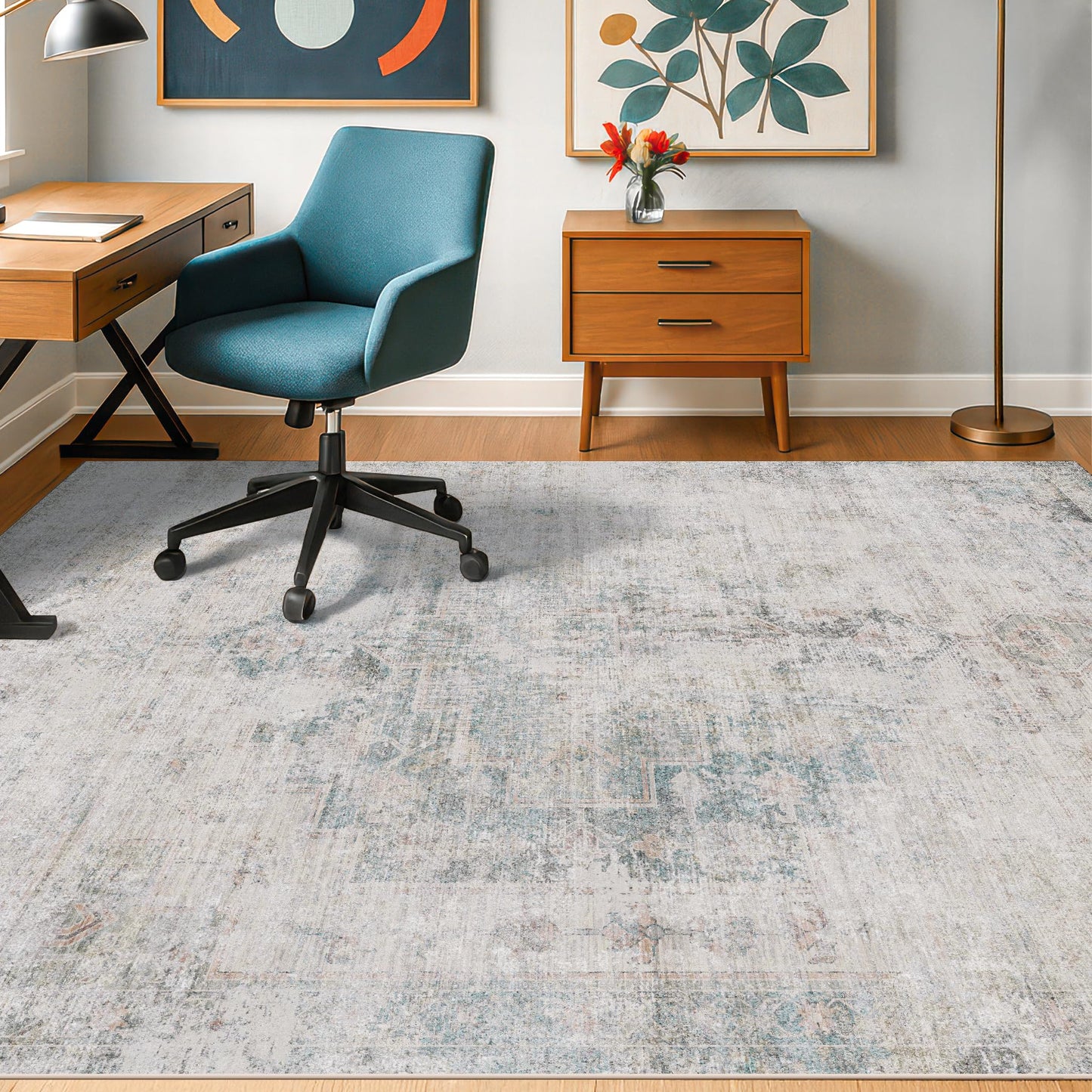 Hazo Haus Blue Abstract Rug for Dining Room - 5x8 Modern Area Rug for Home Office, Foyer, Bedroom, Low Pile & Lightweight