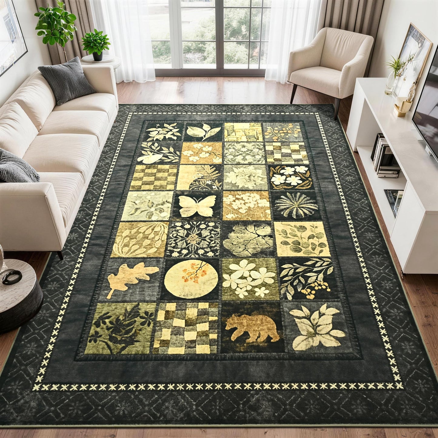 Tepook 4x6 Area Rugs for Living Room, Modern Large Geometric Rug for Bedroom, Washable Patchwork Rug Indoor Non Slip Throw Carpets for Dining Room Office Farmhouse Home Decor, Dark Grey