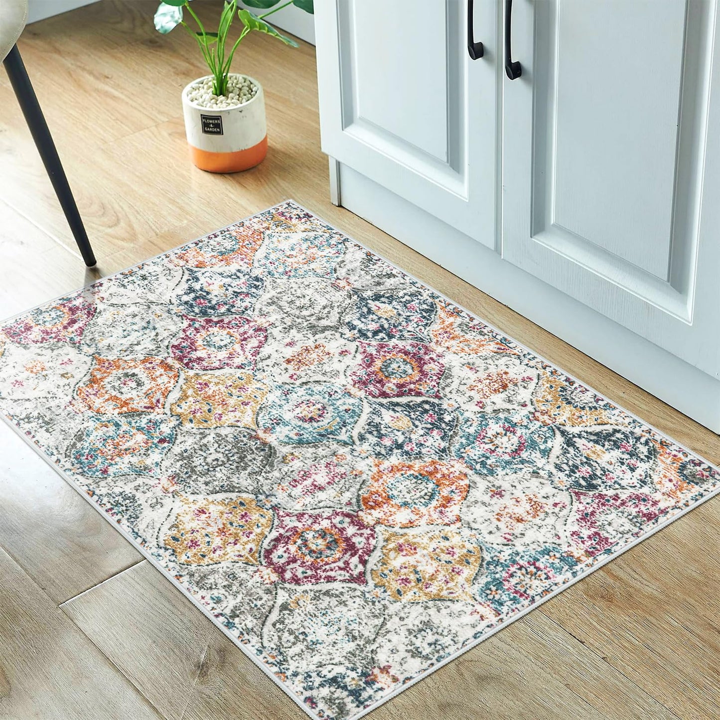 Lahome Moroccan Trellis Entryway Rug, 2x3 Kitchen Rugs Non Slip Washable, Non-Slip Indoor Door Mat Ultra-Thin, Small Throw Carpet for Bathroom Bedroom Entry Elise, Aqua/Multi