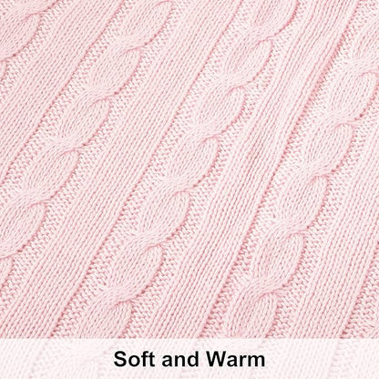 NTBAY 100% Pure Cotton Cable Knit Throw Blanket, Super Soft Warm 51x67 Knitted Throw Blanket for Couch, Sofa, Chair, Bed - Extra Cozy, Machine Washable, Comfortable Home Decor, Baby Pink