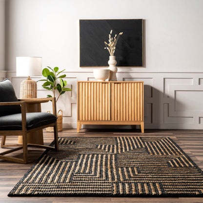 Rugs USA Liess Black/Natural, 9'6" x 13'6", Handmade, Geometric, Jute & Cotton, Soft and Textured, High Traffic, Stain Resistant, Easy Clean, Durable Area Rug for Bedroom, Living Room, Dining, Foyer