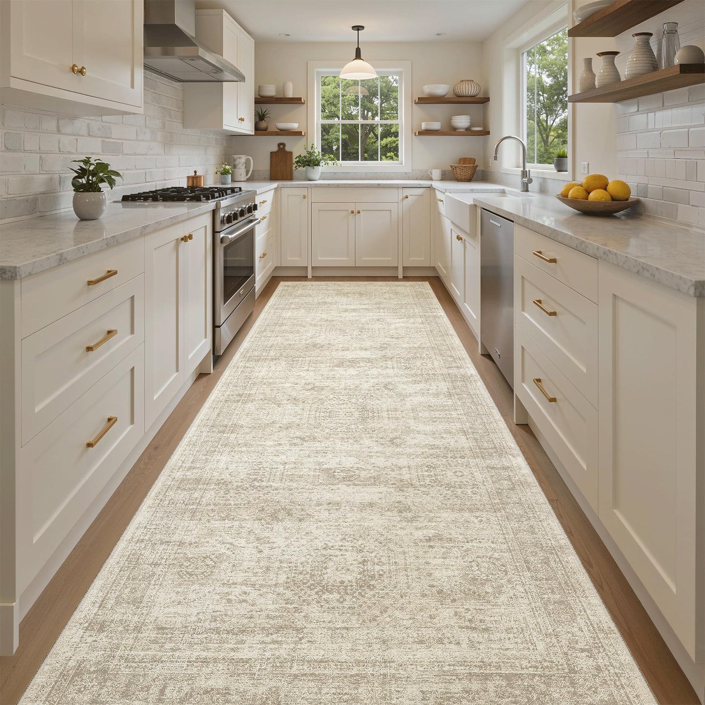 Soalmost 4x12 Wide Hallway Runners: Washable 12ft Runner Rug for Entryway Living Room Soft Vintage Non Slip Carpet Runner for Kitchen Dining Room Nursery Bedroom (Beige, 4x12ft)