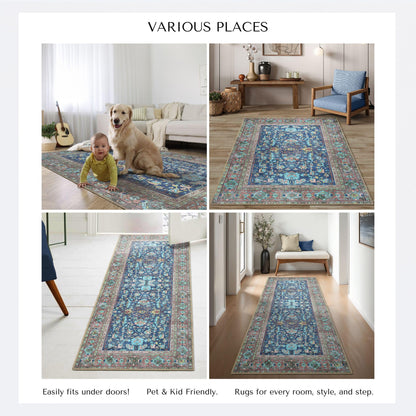 GIONARA Navy Blue Oushak Large Area Rug 8x10 - Washable Boho Rug Vintage Turkish Non-Slip Carpet Non-Shedding Extra Large Area Rugs for Living Room, Dining, Bedroom, Lounge, Farmhouse