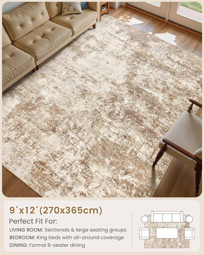 Micgeek Area Rug Living Room - 9X12 Abstract Washable Large Soft Foldable Non Slip Rug Neutral Modern Low Pile Carpet for Bedroom Nursery Dining Room Farmhouse Home Office Indoor - Brown