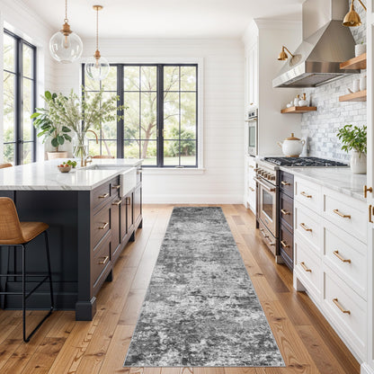 Washable Kitchen 2x10 Runner Rug: Non-Slip Low Pile Hallway Runner Modern Abstract 10ft Long Rugs for Entryway Living Room Soft Thin Stain Resistant Carpet for Bedroom Bathroom(Black/Grey/White, 2X10)