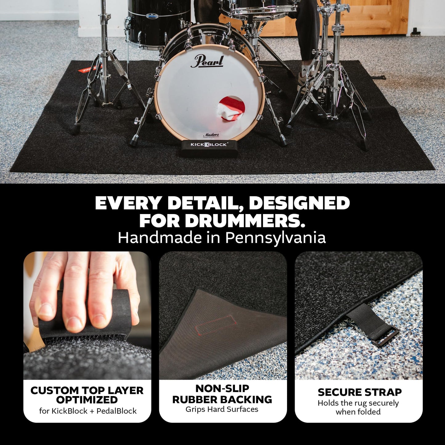 KickBlock Drum Rug 6'6" x 5'6" – Non-Slip Rubber Backing with Gig Bag Included – Drum Mat for Acoustic and Electronic Kits – Folds Compact for Travel – Drum Set Rug – Made in USA