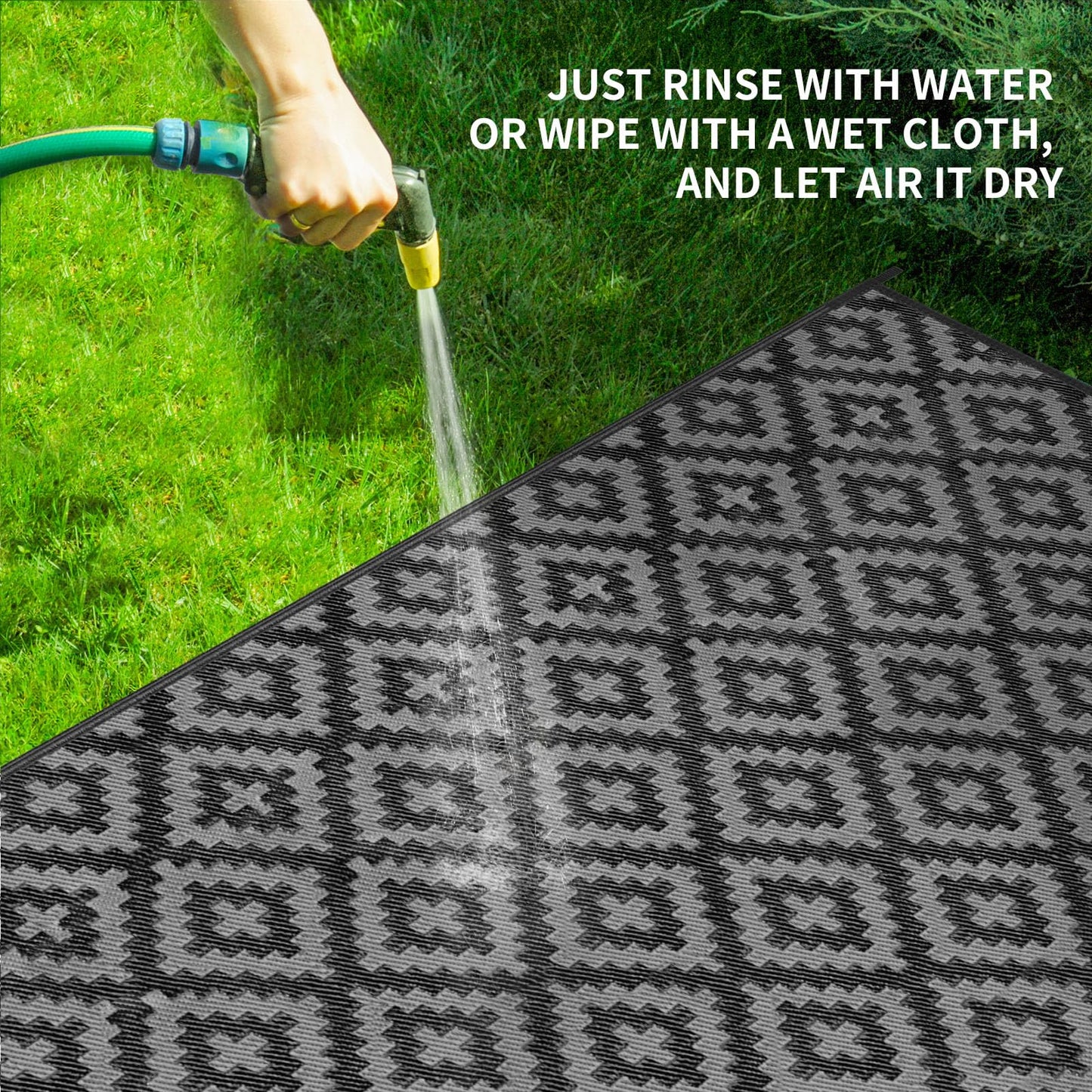 Outdoor Patio Plastic Straw Rug - 5x8 ft Outdoor Camping Rug Waterproof Reversible, Area Carpet Patios Clearance RV, Outside Porch Balcony Deck for Camper, Black & Grey