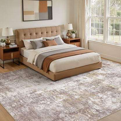 ELLIUNE 10x13 Washable Area Rugs for Living Room, Non Slip Soft Large Rugs for Bedroom Dining Room, Modern Abstract Low Pile Stain Resistant Carpet for Laundry Office Home Decor - Gold Brown