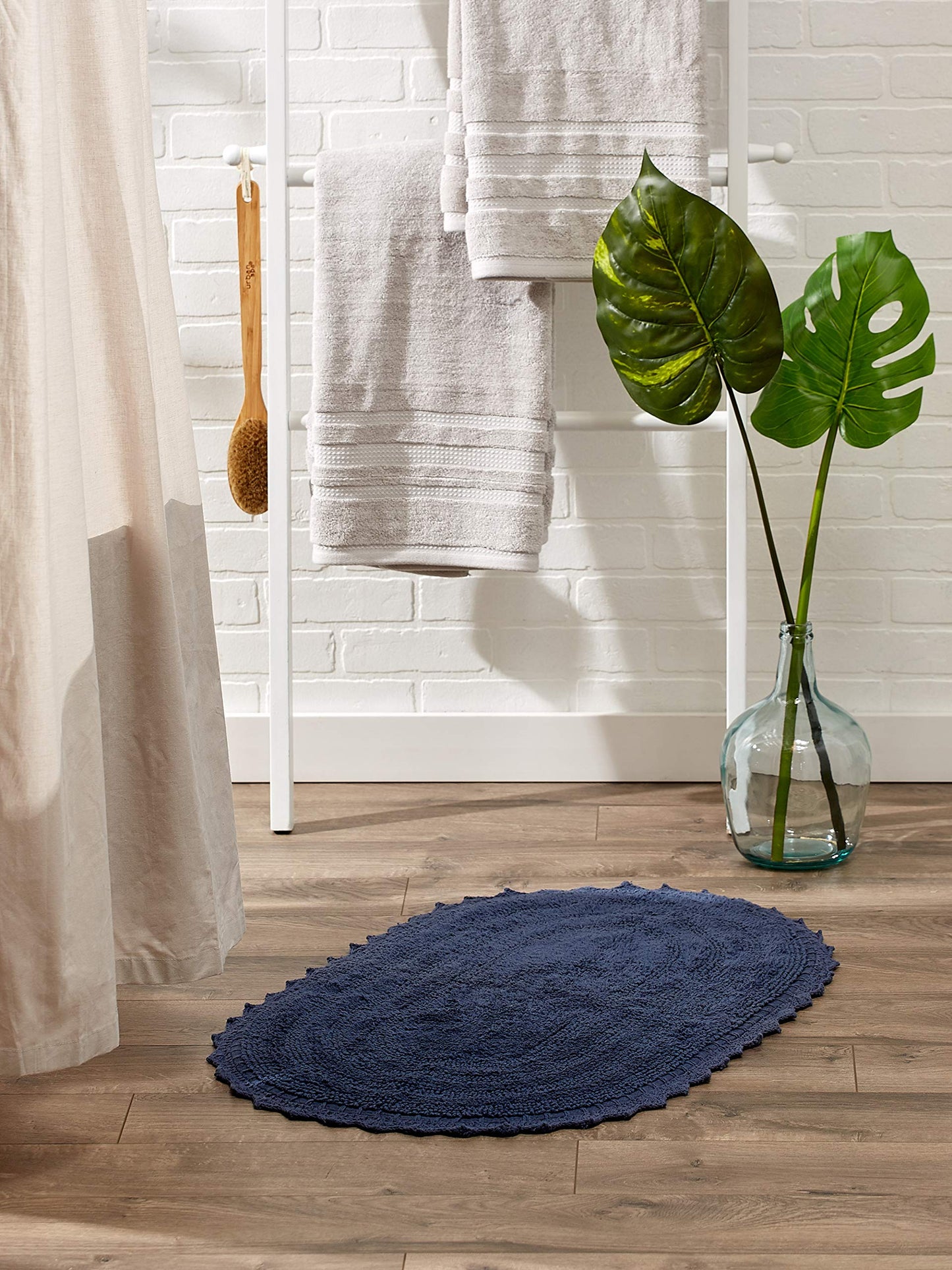 DII Crochet Collection Reversible Bath Mat, Small Oval, 17x24, French Blue