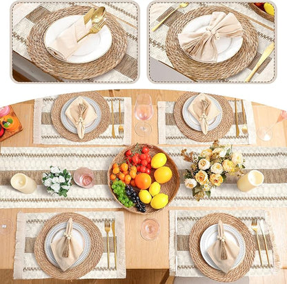 6 Sets Boho Decoration Placemats Round Woven Placemats, Cloth Napkins, Wood Bead Napkin Rings, Long Table Runner and Farmhouse Burlap Cotton for Table Kitchen (Brown,12x72)
