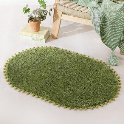 YIRDDEO Bath Mat Olive Green Oval Rug with Pom Bathroom Rugs for Bedroom Non Slip Cute Boho Absorbent Mats Soft Plush Washable Rug (24x36 inches)