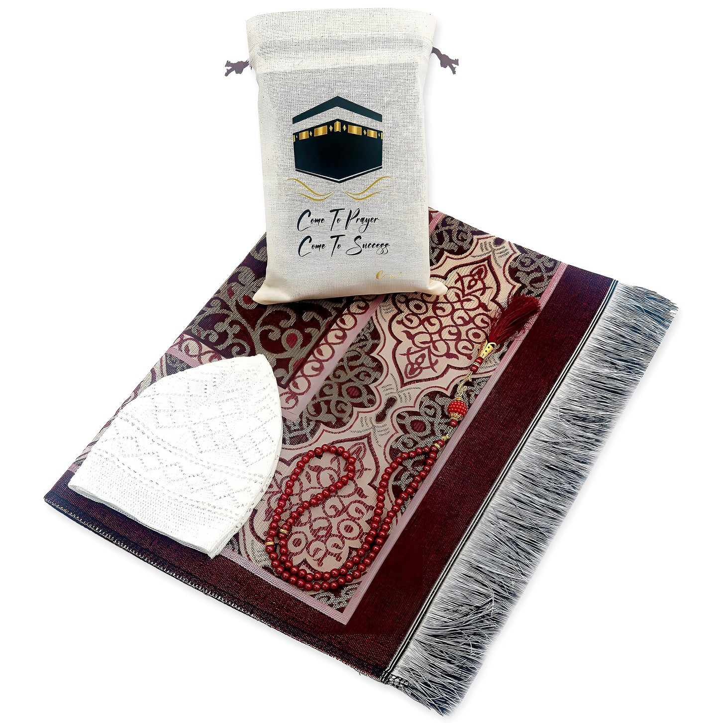 ESERRA Muslim Prayer Rug - 99 Beads & Cap Included, Islam Prayer Mats for Men, Women & Kids (Red)