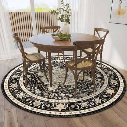 MUJOO Round Rugs 6ft,Black Circle Area Rug Washable,Boho Circular Rugs for Living Room Bedroom,Large Non Slip Throw Carpet Vintage Soft Black and Gold Floral