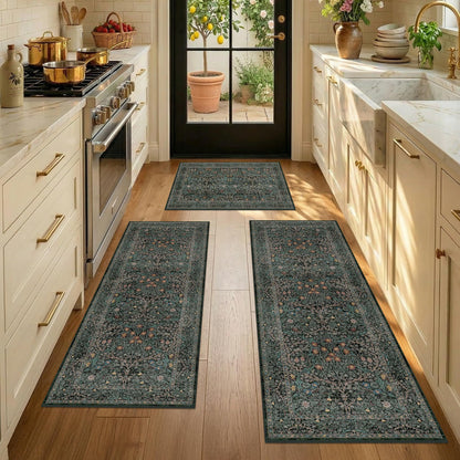 Black Green Kitchen Rug Set of 3, Washable Non-Slip Mats with Runner, Low Pile Vintage Botanical Floor Covering for Entryway, Bathroom, Hallway, Laundry Room