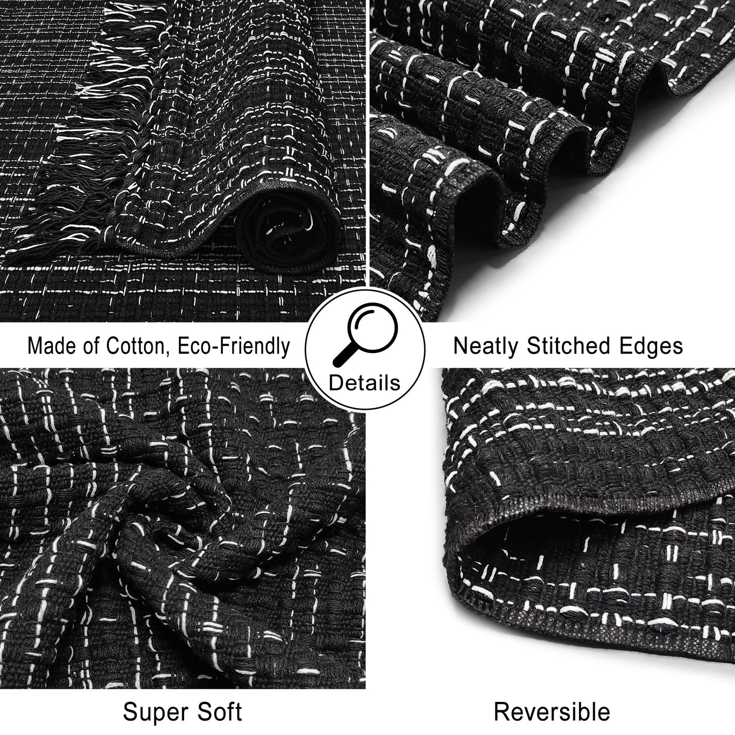 Washable Area Rug 3x5 Cotton Runner with Tassel, Black White Indoor Outdoor Rug for Kitchen Bedroom Living Room Farmhouse Laundry Entryway