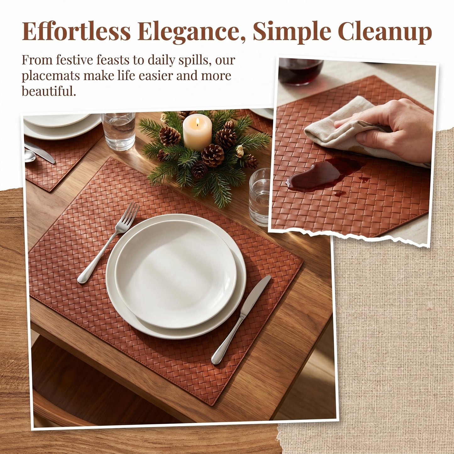 DRMHM Lattice Faux Leather Placemats Set of 6 for Kitchen Dining Table Decor Heat Resistant Table Placemats Waterproof Table Mats 17 * 12in Brown