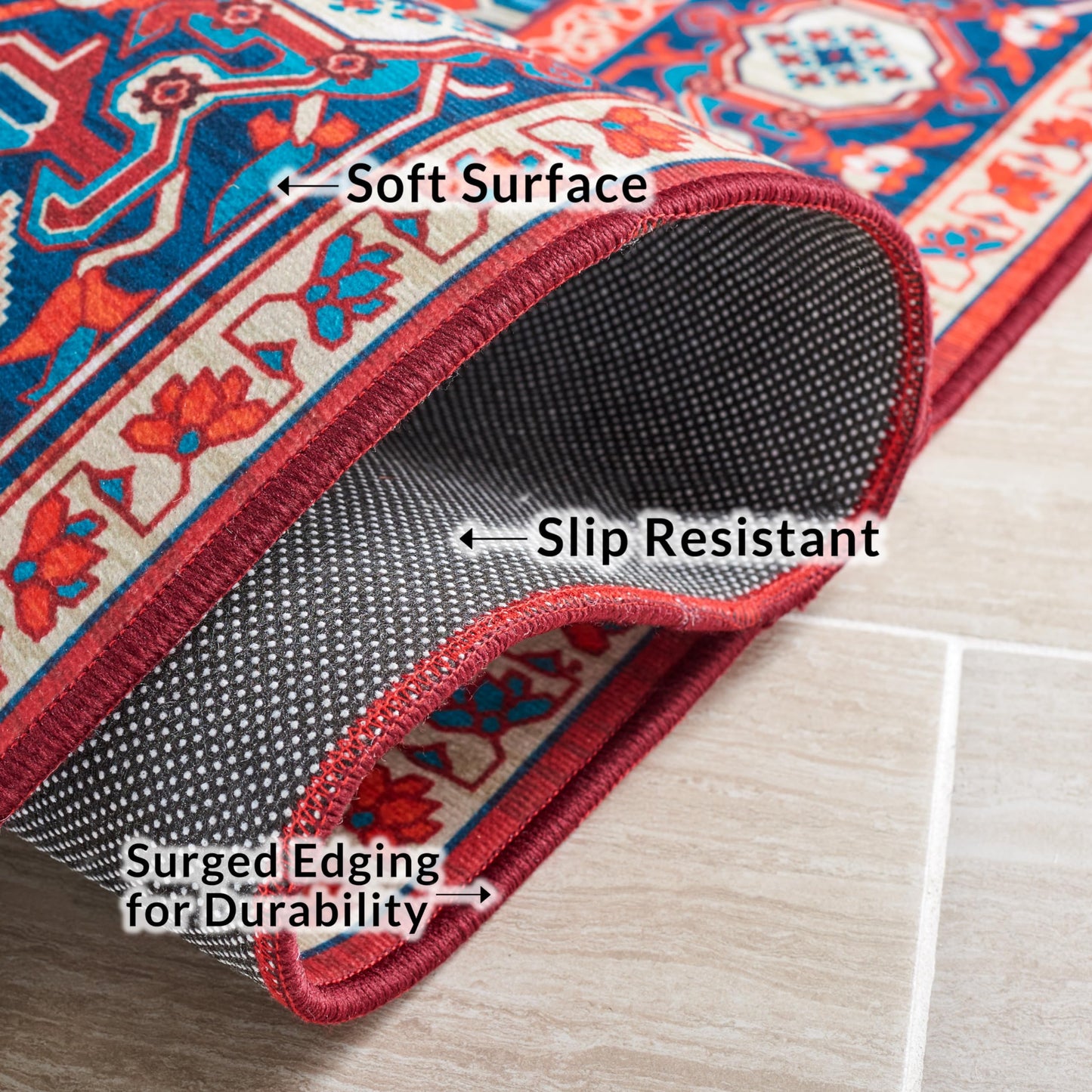 SAFAVIEH Washable Rug Tucson Collection - 8' x 10', Red & Blue, Slip Resistant & Easy to Clean, Ideal for Living Room, Bedroom, Dining Space (TSN101Q)