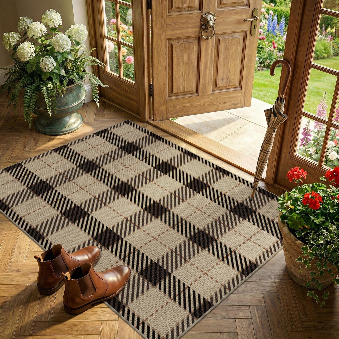 3x4 Entryway Door Mat Indoor – Washable Non Slip Small Rug for Front Door, Kitchen Sink, Mudroom, Garage Entry, Low Profile Easy Clean Farmhouse Plaid Floor Mat