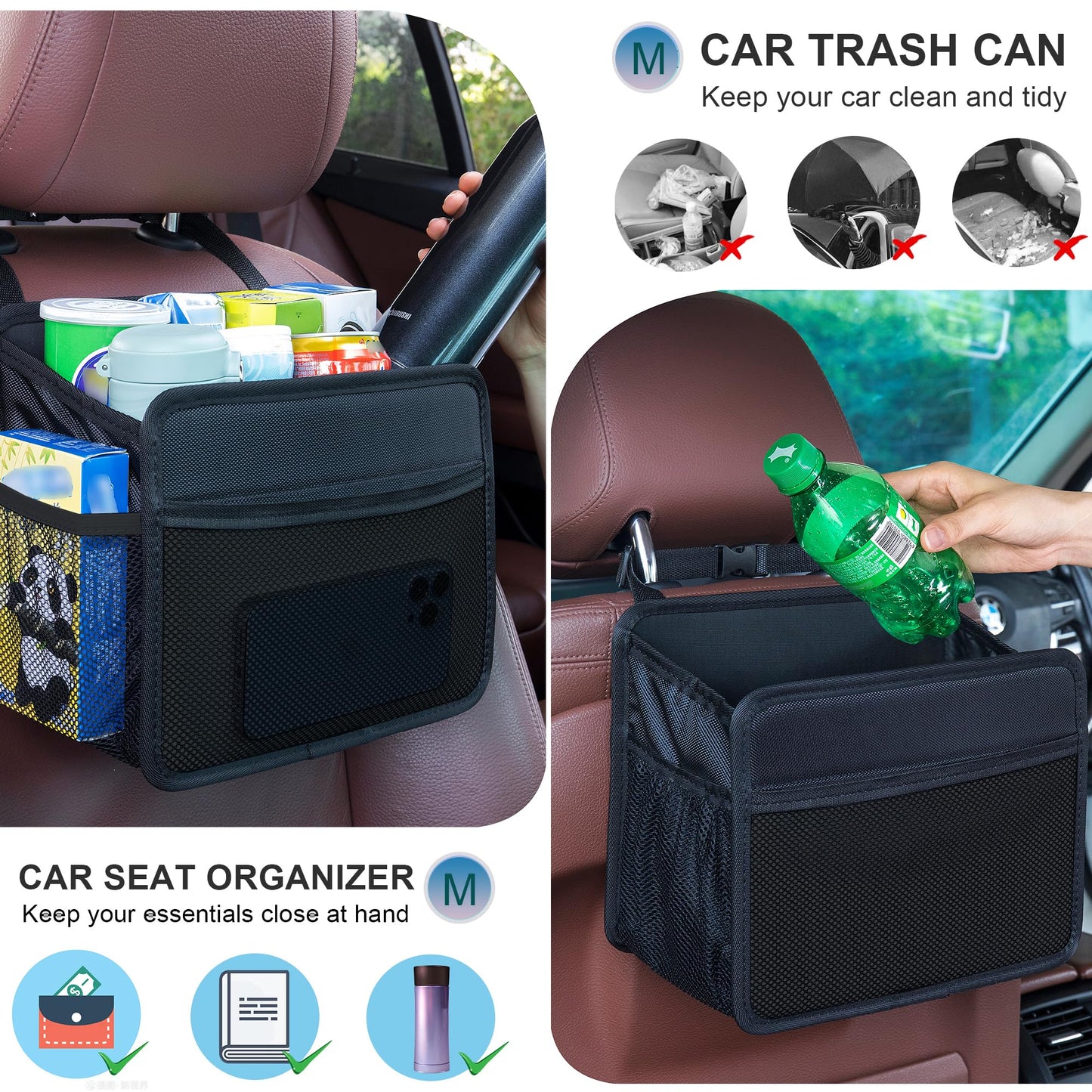 Car Seat Back Organizer Hanging Bag [2025 UPDATED] Foldable Backseat Storage Caddy with 5 Compartments & Adjustable Straps, Fits for Front/Back Headrest, Ultra-Durable - Black