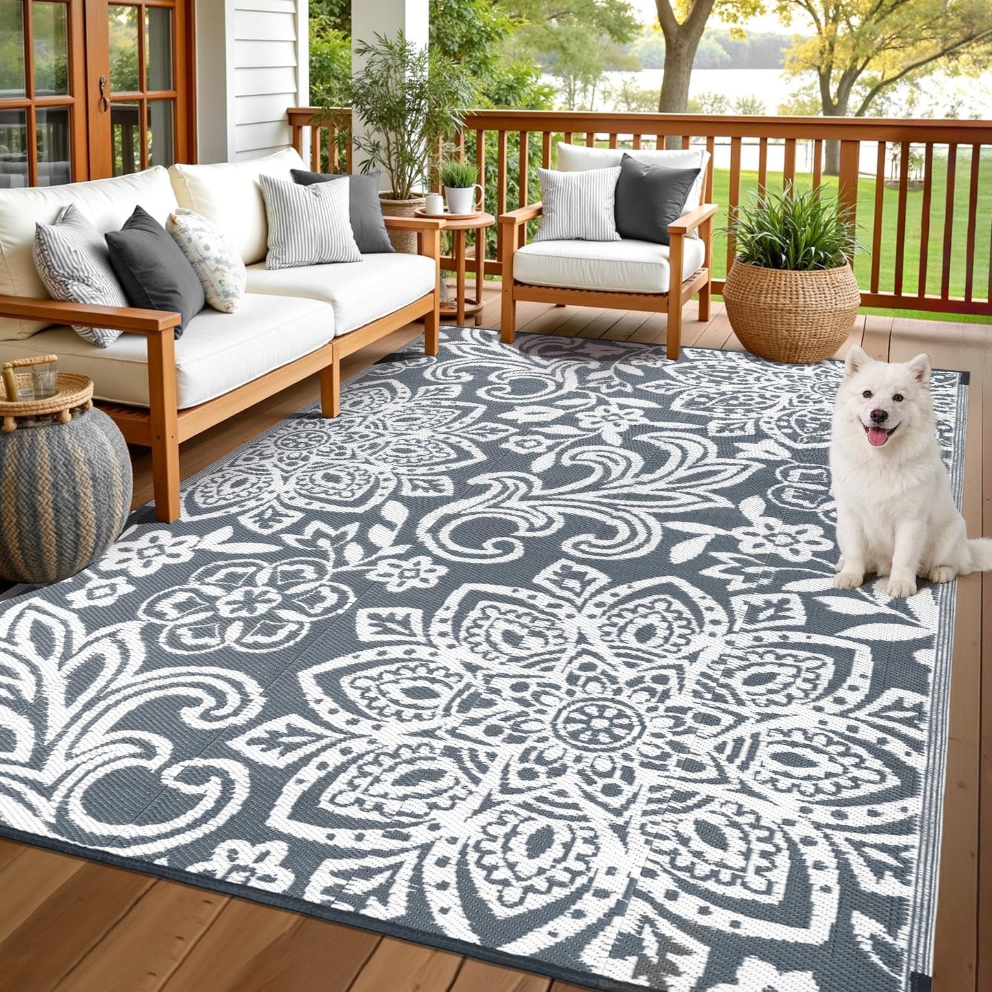 Findosom Waterproof Outdoor Rug 6' x 9' - Reversible Mandala Outdoor Plastic Straw Rug, Durable Foldable Patio Rug for RV, Deck, Balcony, Backyard, Picnic, Porch, Camping, Beach, Gray