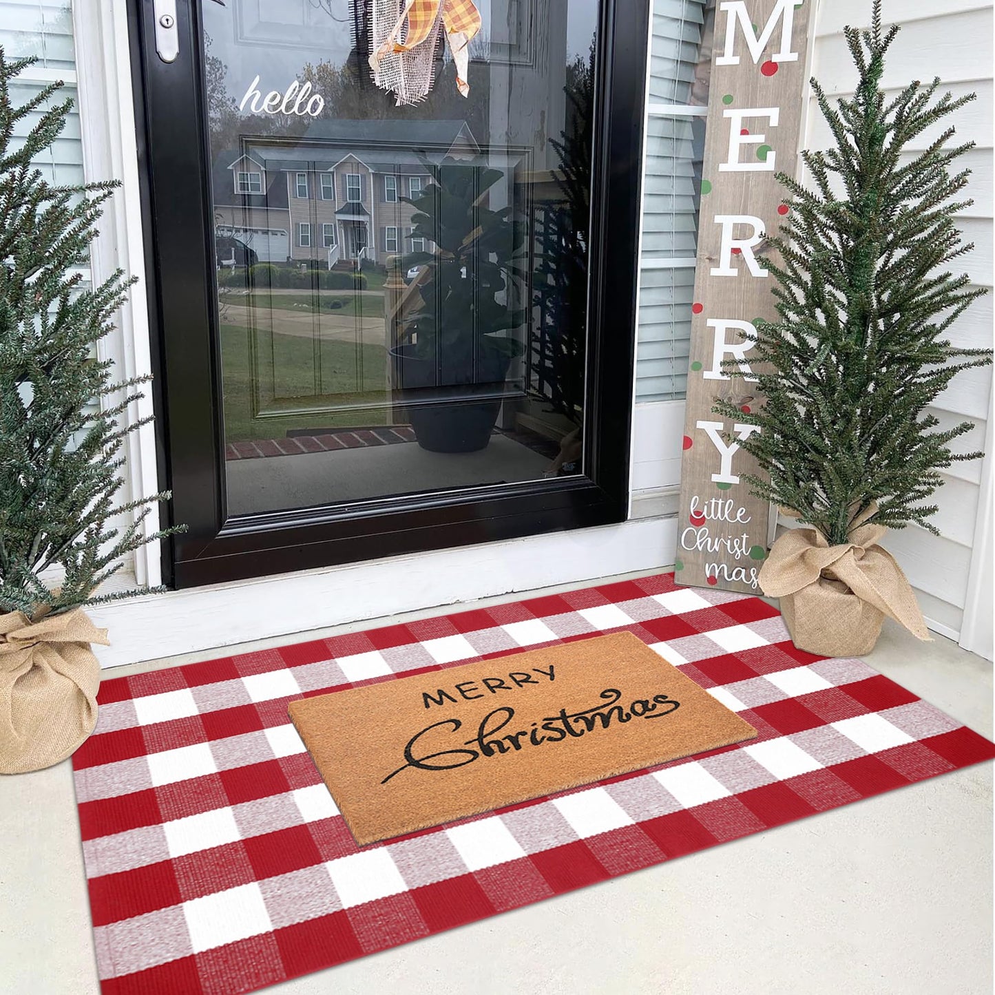 Christmas Door Mat Combo Set - 100% Coco Coir Welcome Mat + 3' x 5' Red and White Plaid Rug, Christmas New Year Holiday Collection Doormat for Front Porch Entryway Decorative