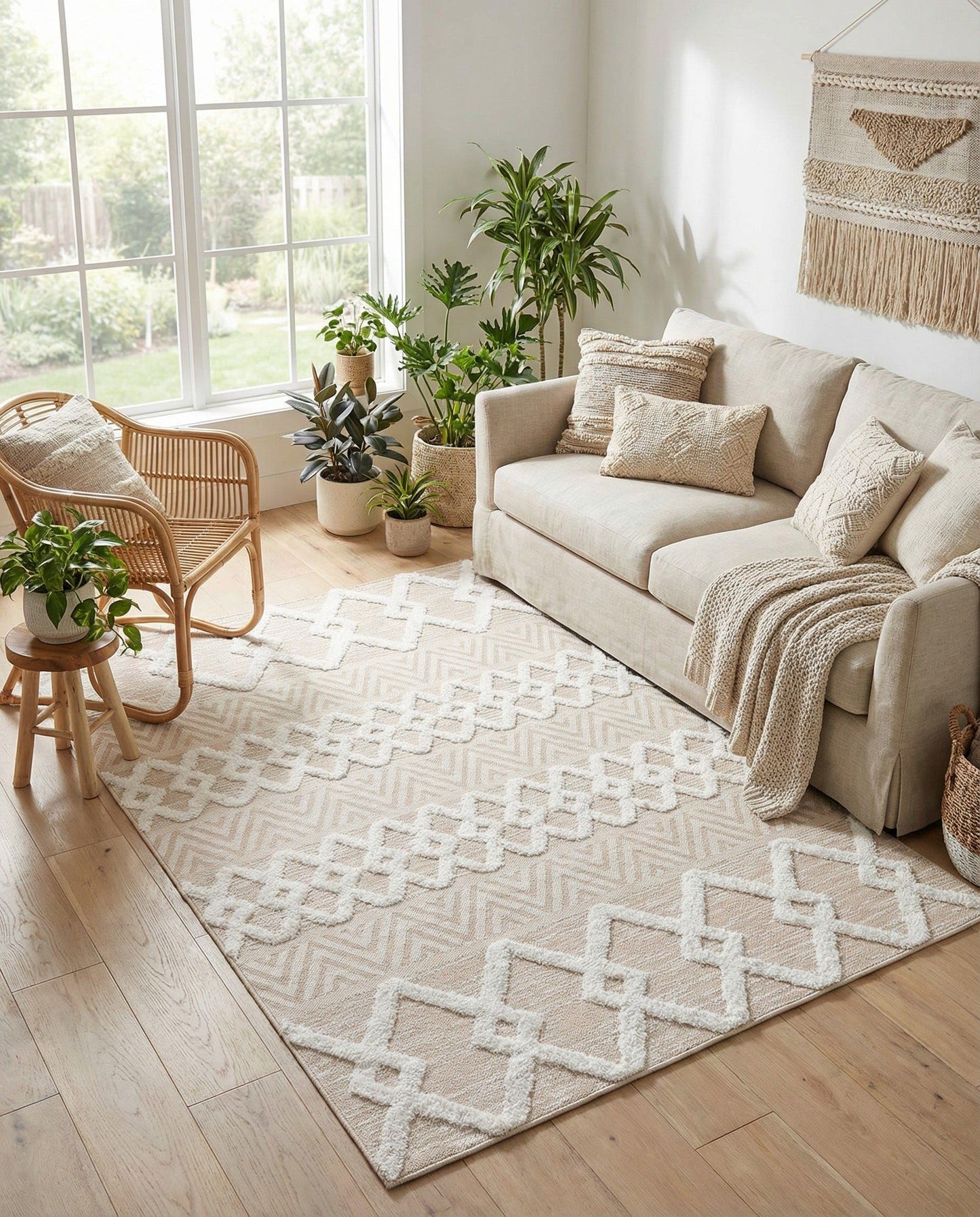 Rugs.com - Sabrina Soto Casa Rug – 5' 3 x 8' Beige Cotton Textured Rug – Modern Tribal Design for Living Rooms, Bedrooms, and Offices