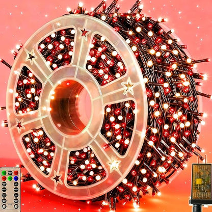 Christmas Lights 500LED 164FT, Waterproof Christmas Tree Lights with 8 Modes, Remote Control 3 Timers & Memory Function Xmas Decorations for House and Holiday (White and Red)