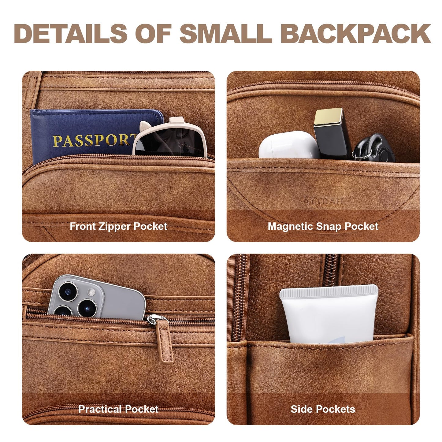 SYTRAH Small Backpack Purse for Women, Mini Backpack Vegan Leather with RFID Blocking & Tablet Pocket, Cute Shoulder Handbag for Travel, School & Work Brown