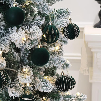 3.15INCH Green Velvet Ornaments for Christmas Tree, 12PCS Glitter Flocked Christmas Ornaments Decorations Balls Set Decor