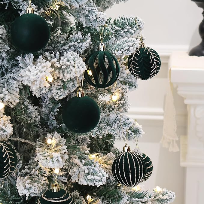 4inch Velvet Ornaments for Christmas Tree, 9PCS Glitter Flocked Christmas Ornaments Decorations Balls Set Decor Green