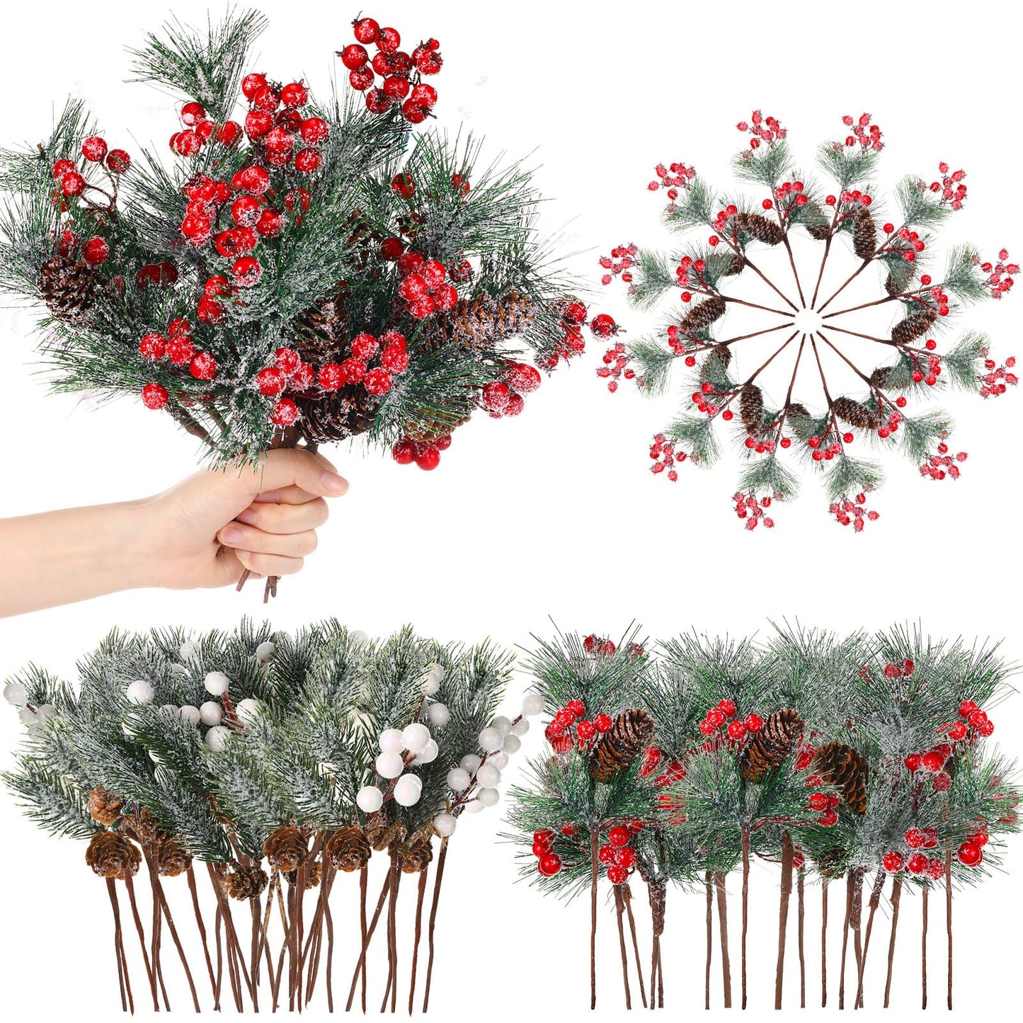 Blosssound 36 PCS Christmas Artificial Pine Branches with Snow Spray Red Berry Stems Pine Needles Faux Pine Picks Snow Floral Pine Cones for DIY Crafts Christmas Tree Garland Wreath Holiday Decor