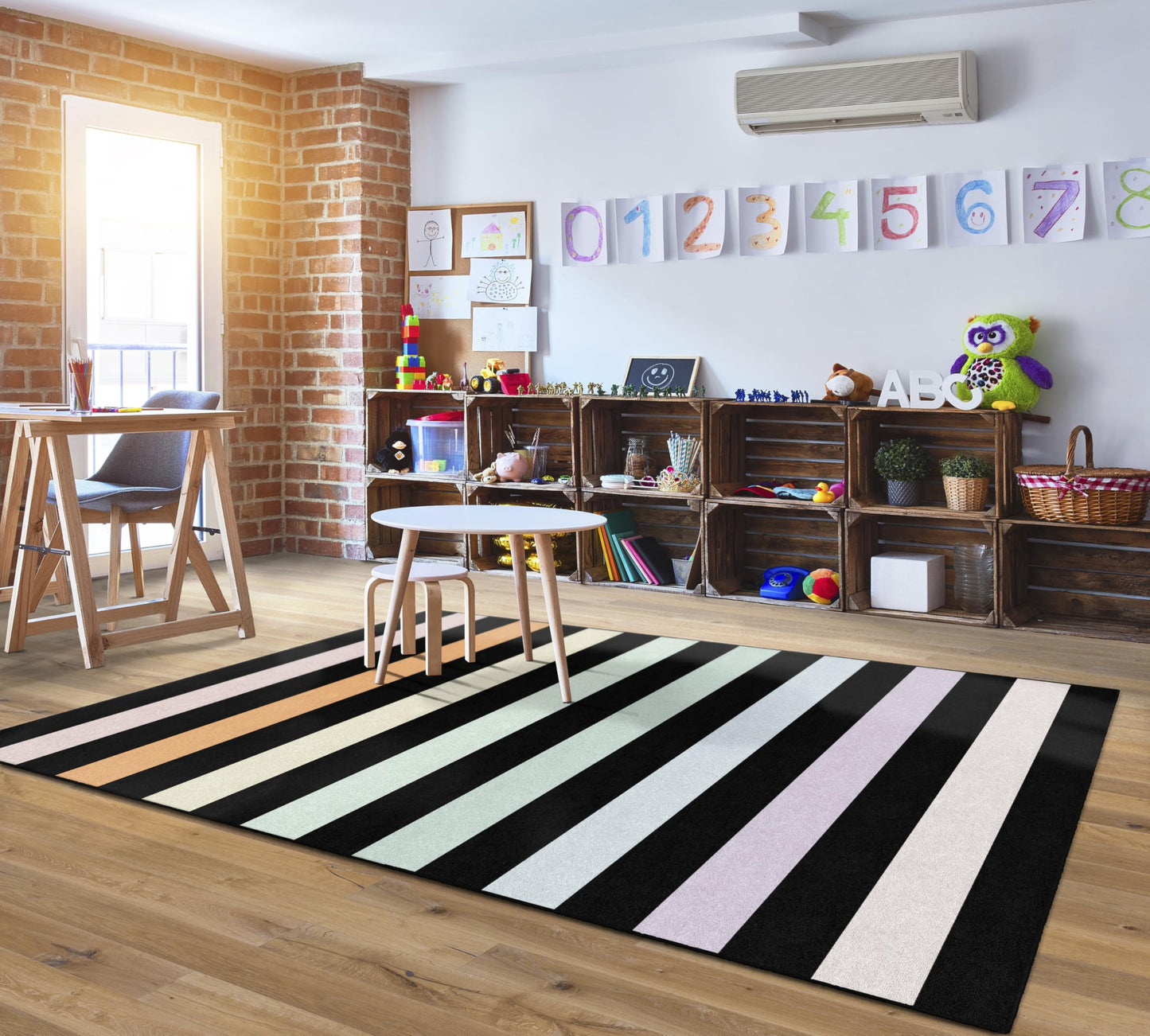 Flagship Carpets Rainbow Stripe On Black Children's Classroom Décor Area Rug for Schools, Durable and Fun for Learning Centers, Daycares and Preschools, 7'6" X 12'