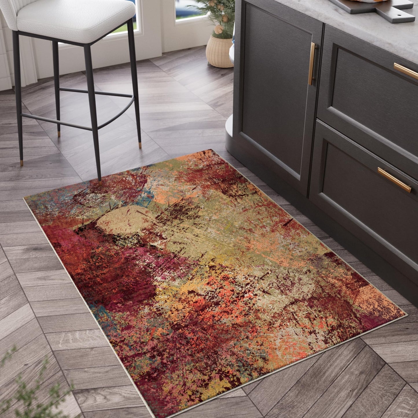 Arbosofe Modern Abstract Area Rug 2'x3' Washable Small Entry Rug, Short Pile with Non-Slip Backing Throw Rugs, Foldable Kitchen Bathroom Rugs, Small Rug with Abstract Pattern for Entryway Red Orange