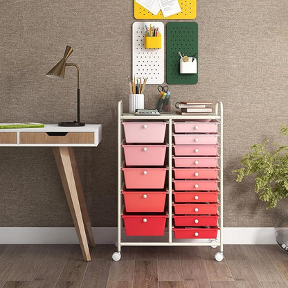 GOFLAME 15-Drawer Rolling Storage Cart, Craft Storage Cart with Removable Drawers & Lockable Wheels, Art Cart Supply Storage Organizer for Home Office Classroom, Pink Gradient