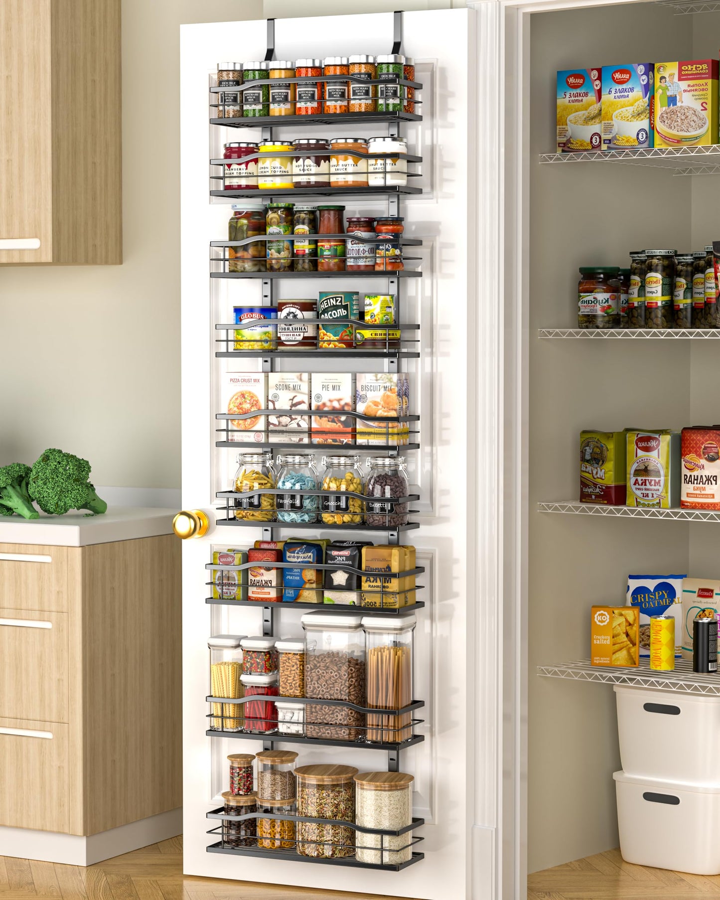 Moforoco 9-Tier Over The Door Pantry Organizer, Pantry Organization and Storage, Black Hanging Basket Wall Spice Rack Seasoning Shelves, Home & Kitchen Bedroom Bathroom House Essentials