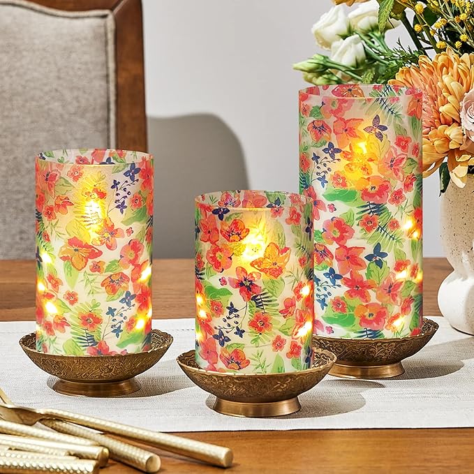 Flickering Flameless Candles Tropical Flower Print Embedded Star String Lights, Battery Operated Acrylic LED Pillar Candles with 11-Key Remote and Timer for Home Decoration, 3 Pack