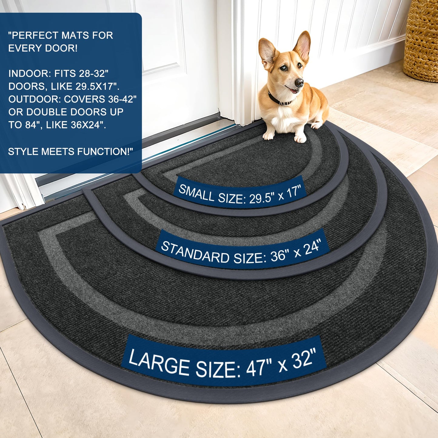 OLANLY Half Circle Door Mat Indoor Outdoor Entrance Welcome, Waterproof All-Season, All-Weather Doormat, Sturdy Natural Rubber, Low Profile, Easy Clean Patio Porch Entryway Mat, 35x23, Black
