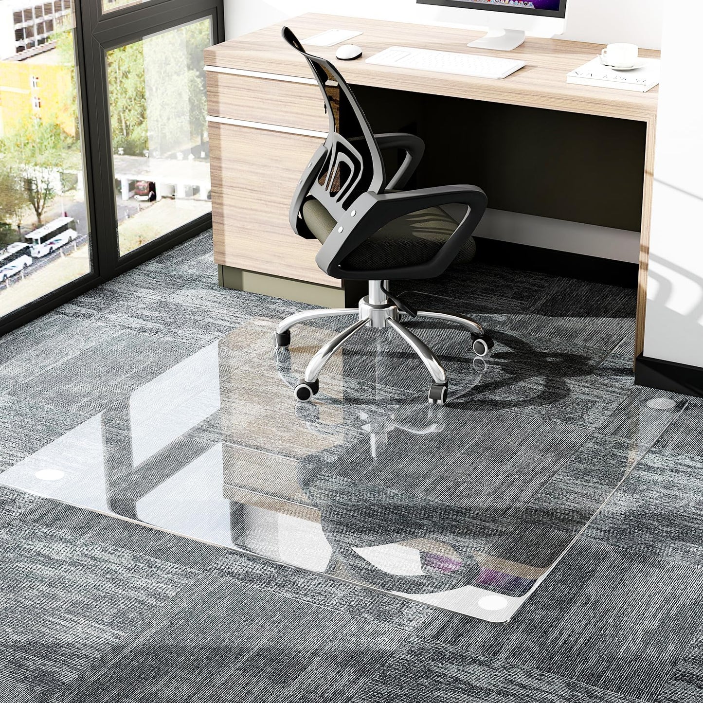 GLSLAND Irregular Tempered Glass Floor Mat - 36" x 48" Office Chair Mat for Carpet Clear Duty Hard Rolling Glass Mat 1/5" Thick for Hardwood Floor/Carpeted Floors, Clear