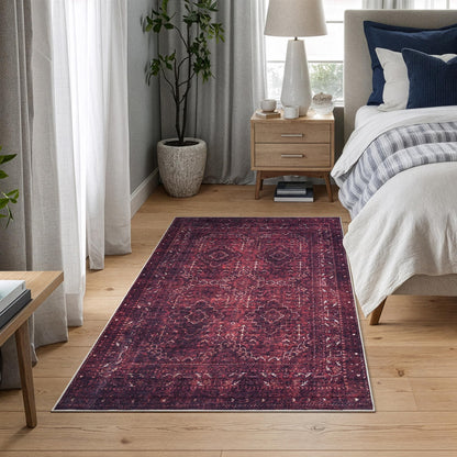 Bloom Rugs Washable Non-Slip 3' x 5' Rug - Dark Red Traditional Bordered Area Rug for Living Room, Bedroom, Dining Room, and Kitchen - Exact Size: 3' x 5'