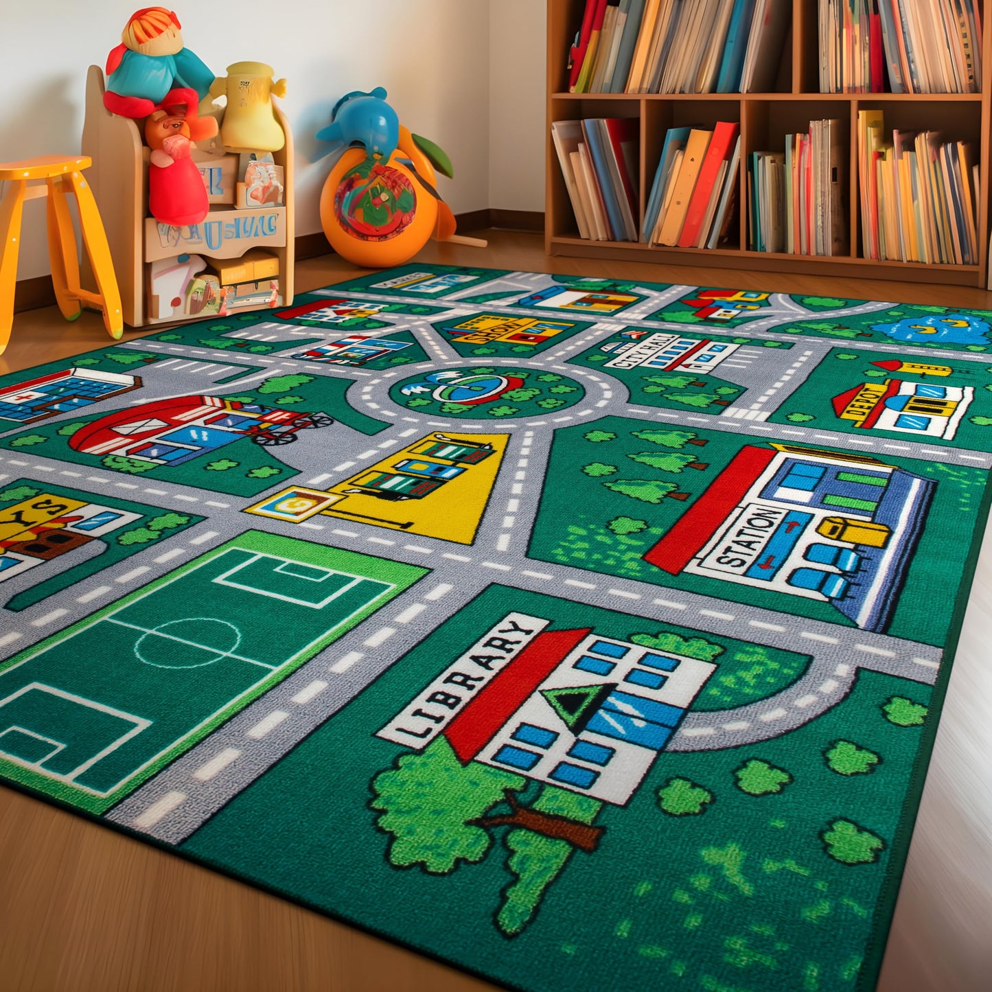 Rugshop Kids Playmat Road Traffic Educational High Traffic Living Room,Bedroom,Kitchen, Home Office Non Slip Area Rug 7'10" x 10' Green