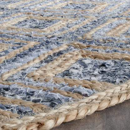 SAFAVIEH Cape Cod Collection 8' Round Natural / Blue CAP354A Handmade Flatweave Diamond Braided Jute & Denim Area Rug