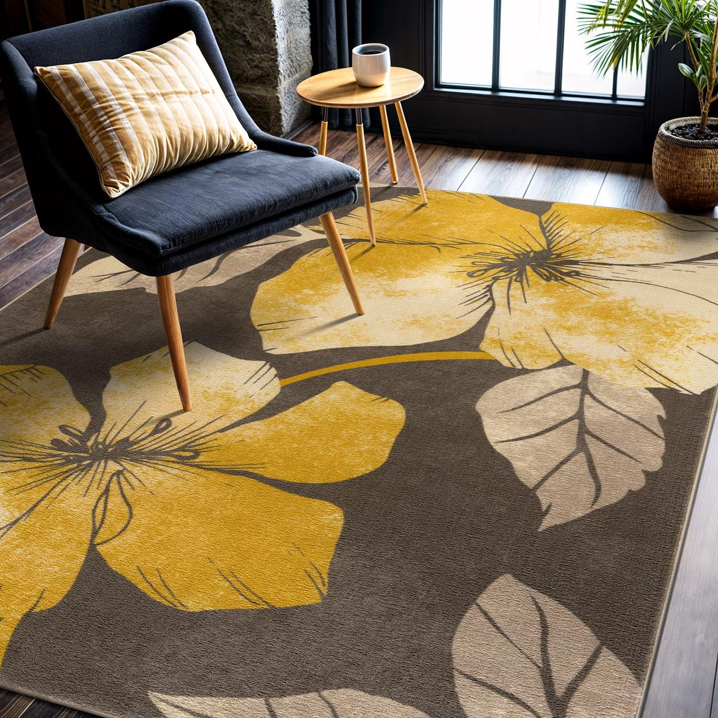 CAMILSON Solana Modern Floral 5x7 Area Rugs Non-Skid (Non-Slip) Rubber Backing Yellow - Brown Flowers Indoor Rug (5 x 7, Yellow Brown)