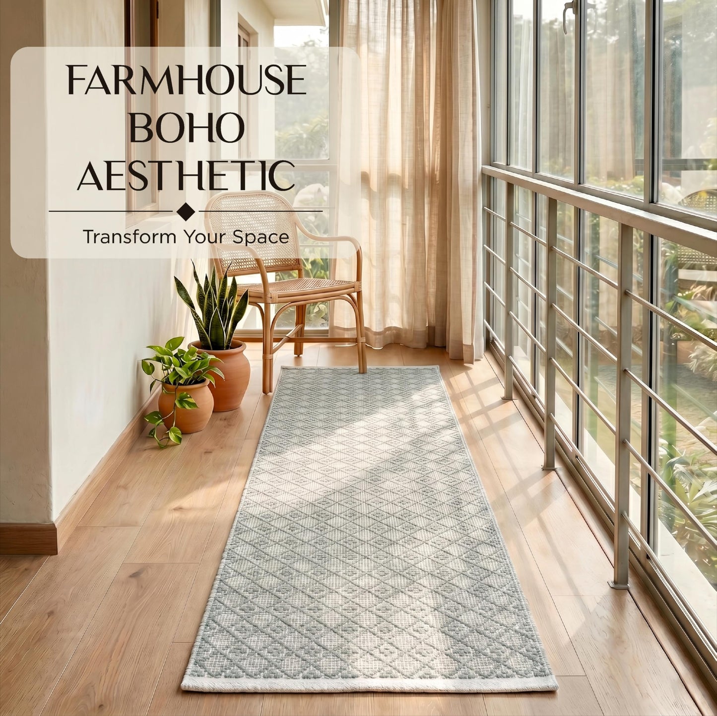 Cotton Diamond Woven Runner Rug 2x6 Feet - Spa Grey, Anti Slip Farmhouse Geomatric Home Patio Décor Runners Ideal for Hallways, Office, Kitchen | Soft Washable Bedroom Space Decorative Floor Boho Mats