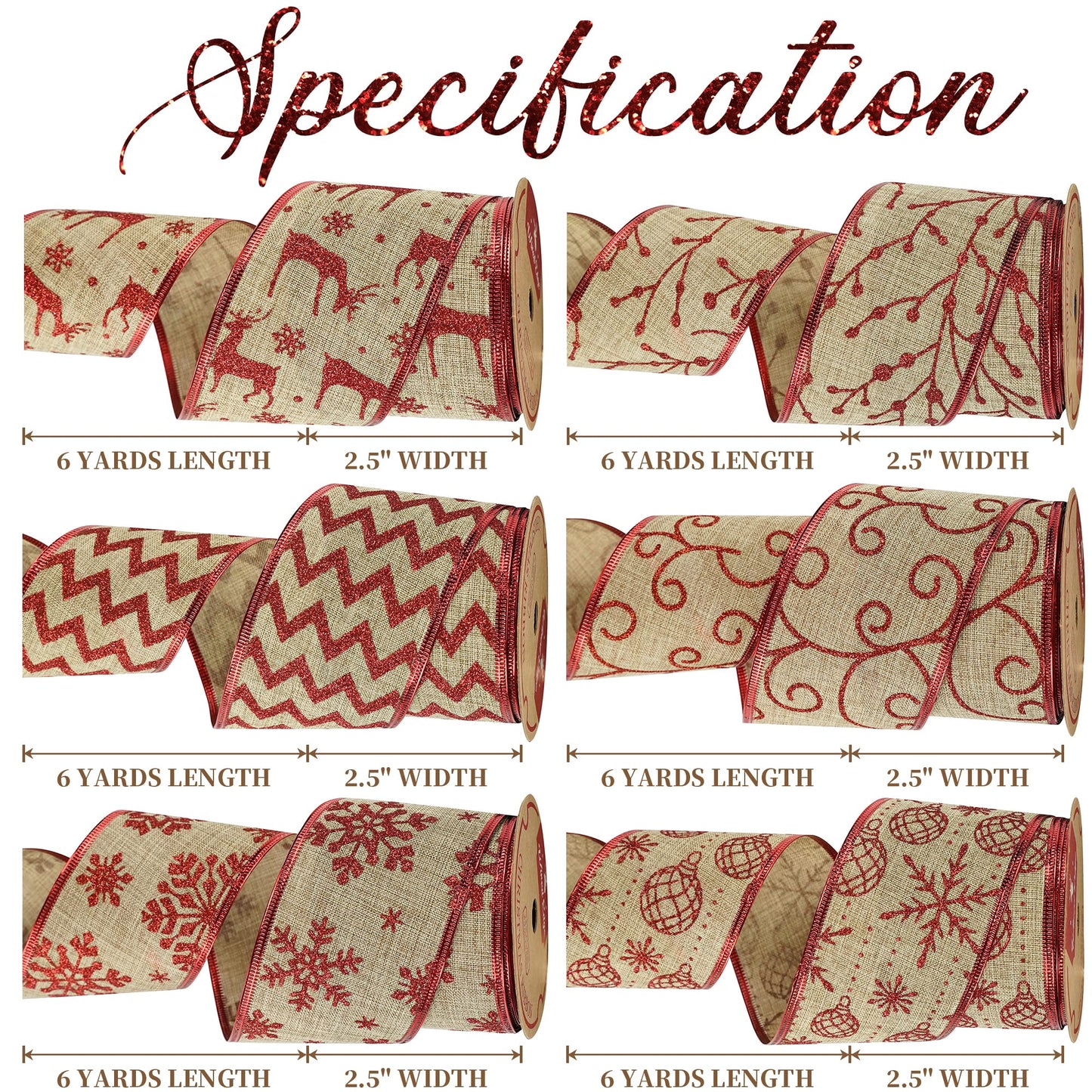 MEEDEE Christmas Ribbon Set 2.5 Inch, 6 Rolls 36 Yards, Wired Burlap and Red Glitter Ribbon for Tree Decorations, Wreath Bows, Garland Decor
